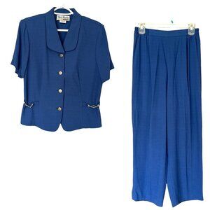Sheri Martin Womens VTG Button Up Blouse Crop Pants Set Size 10P Blue Secretary